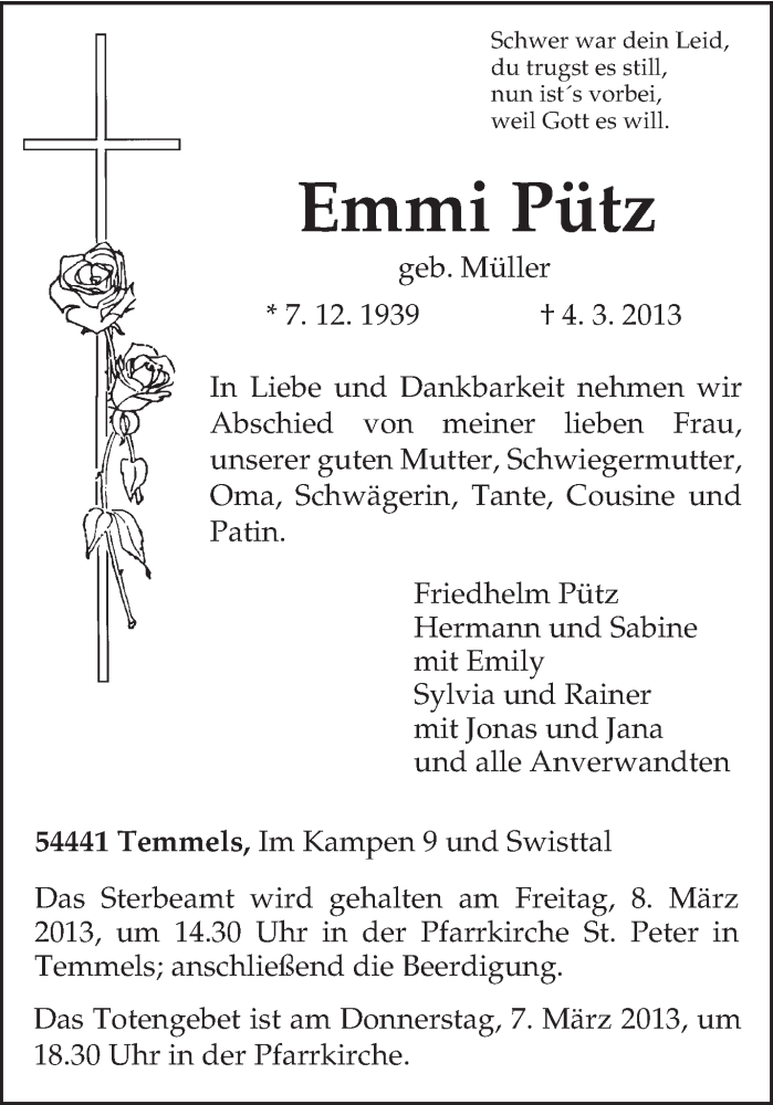  Traueranzeige für Emmi Pütz vom 06.03.2013 aus TRIERISCHER VOLKSFREUND