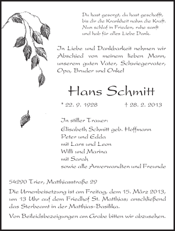 Traueranzeige von Hans Schmitt von TRIERISCHER VOLKSFREUND