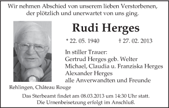 Traueranzeige von Rudi Herges von TRIERISCHER VOLKSFREUND