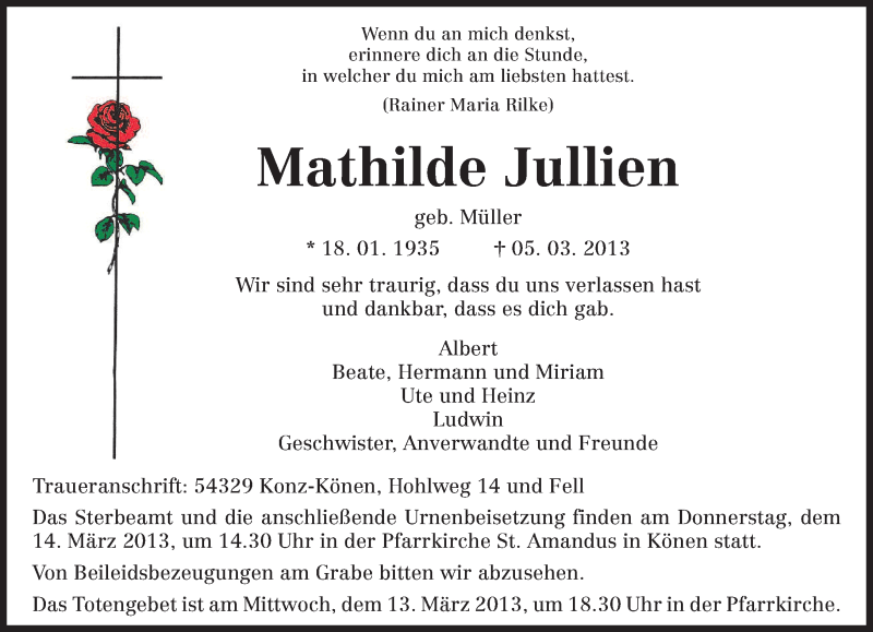  Traueranzeige für Mathilde Jullien vom 09.03.2013 aus TRIERISCHER VOLKSFREUND