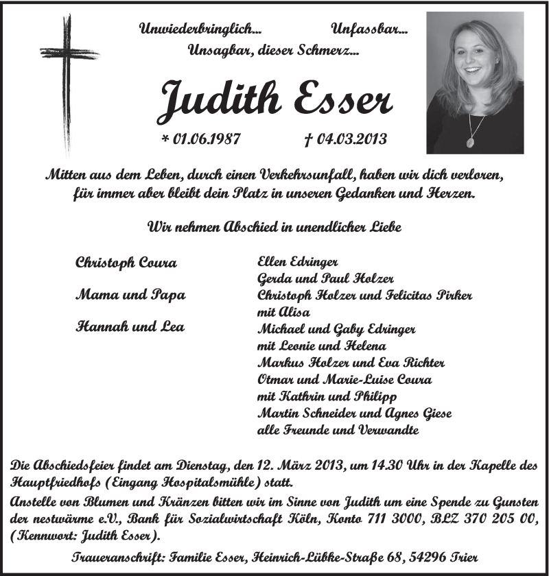  Traueranzeige für Judith Esser vom 08.03.2013 aus TRIERISCHER VOLKSFREUND