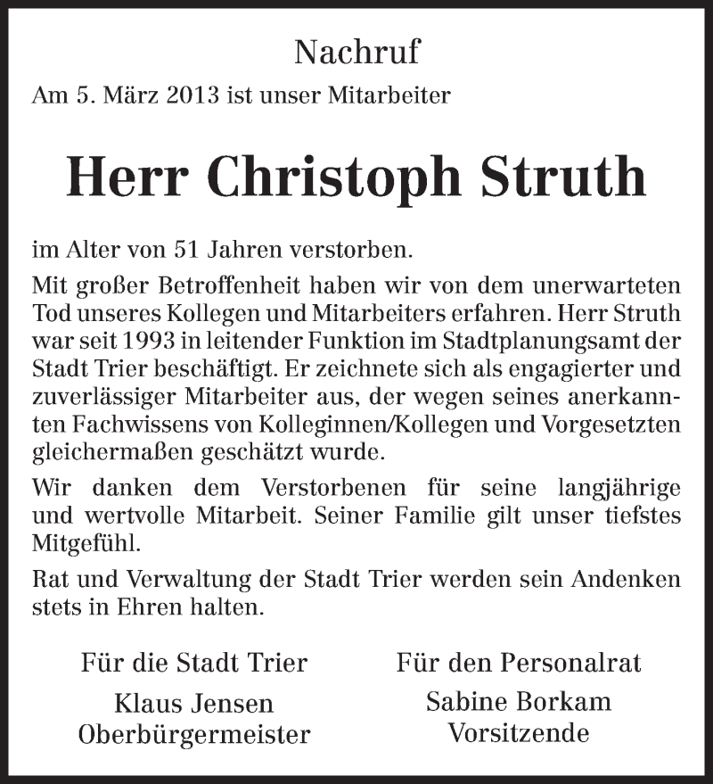  Traueranzeige für Christoph Struth vom 08.03.2013 aus TRIERISCHER VOLKSFREUND