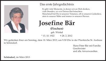 Traueranzeige von Josefine Bär von TRIERISCHER VOLKSFREUND