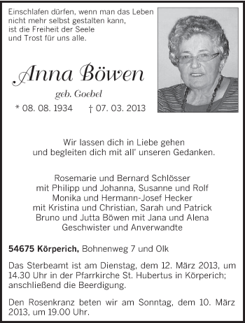 Traueranzeige von Anna Böwen von TRIERISCHER VOLKSFREUND