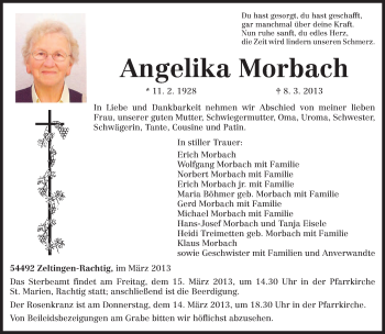Traueranzeige von Angelika Morbach von TRIERISCHER VOLKSFREUND