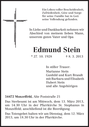 Traueranzeige von Edmund Stein von TRIERISCHER VOLKSFREUND
