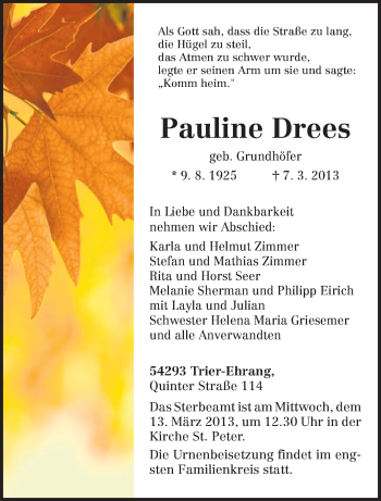 Traueranzeige von Pauline Drees von TRIERISCHER VOLKSFREUND