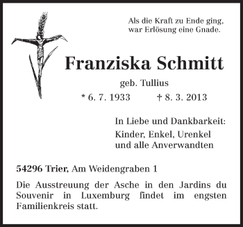 Traueranzeige von Franziska Schmitt von TRIERISCHER VOLKSFREUND
