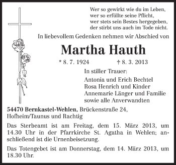 Traueranzeige von Martha Hauth von TRIERISCHER VOLKSFREUND