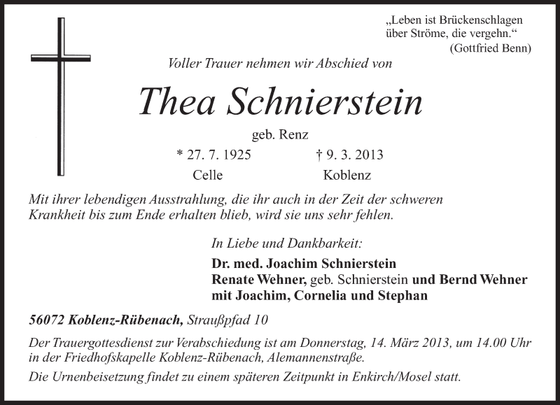  Traueranzeige für Thea Schnierstein vom 12.03.2013 aus TRIERISCHER VOLKSFREUND