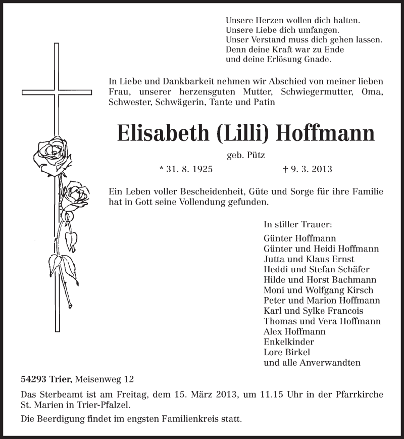  Traueranzeige für Elisabeth Hoffmann vom 12.03.2013 aus TRIERISCHER VOLKSFREUND