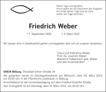 Traueranzeige von Friedrich Weber von TRIERISCHER VOLKSFREUND
