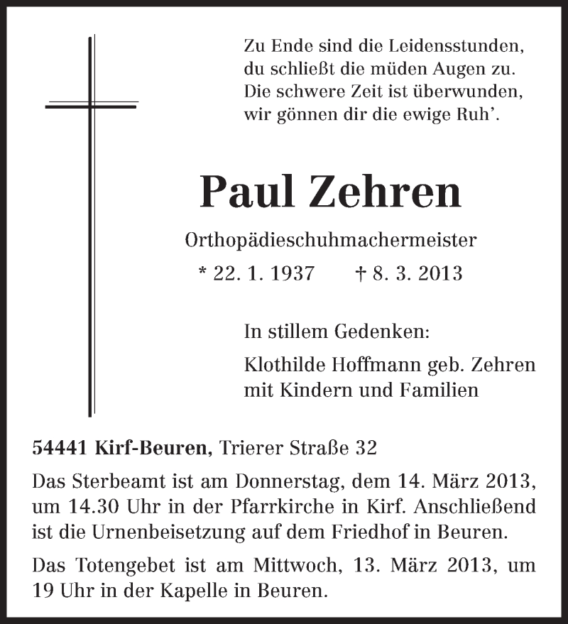  Traueranzeige für Paul Zehren vom 12.03.2013 aus TRIERISCHER VOLKSFREUND