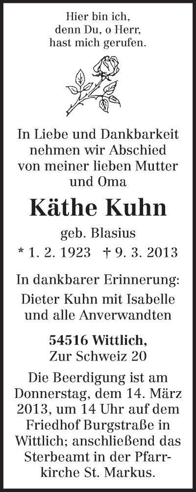  Traueranzeige für Käthe Kuhn vom 12.03.2013 aus TRIERISCHER VOLKSFREUND