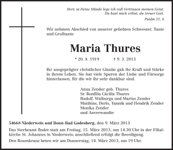 Traueranzeige von Maria Thures von TRIERISCHER VOLKSFREUND