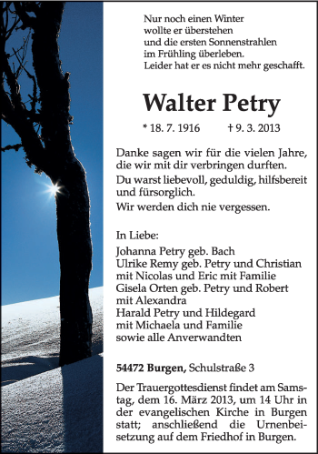 Traueranzeige von Walter Petry von TRIERISCHER VOLKSFREUND