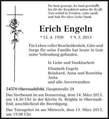 Traueranzeige von Erich Engeln von TRIERISCHER VOLKSFREUND