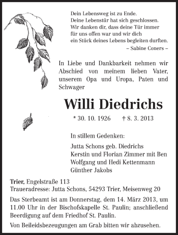 Traueranzeige von Willi Diedrichs von TRIERISCHER VOLKSFREUND