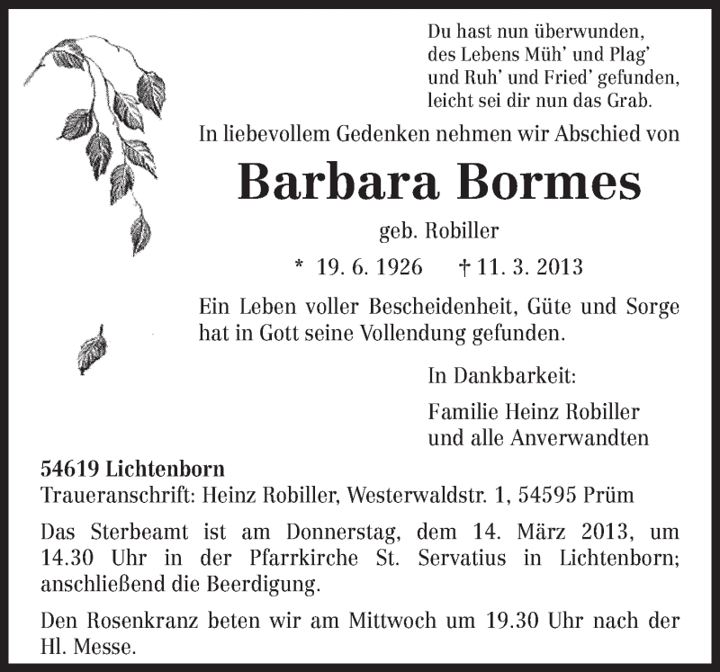  Traueranzeige für Barbara Bormes vom 12.03.2013 aus TRIERISCHER VOLKSFREUND