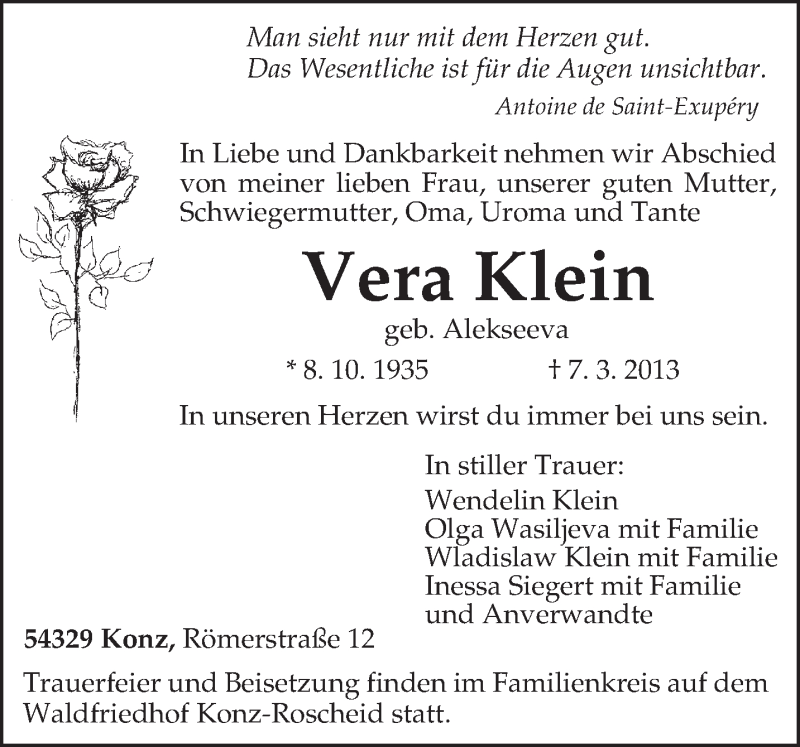  Traueranzeige für Vera Klein vom 12.03.2013 aus TRIERISCHER VOLKSFREUND