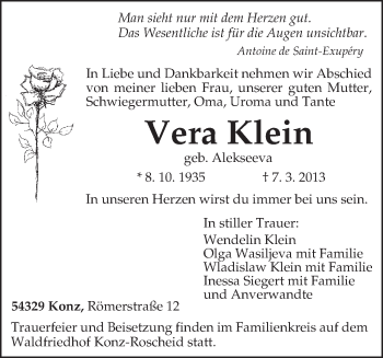 Traueranzeige von Vera Klein von TRIERISCHER VOLKSFREUND