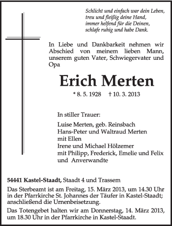 Traueranzeige von Erich Merten von TRIERISCHER VOLKSFREUND