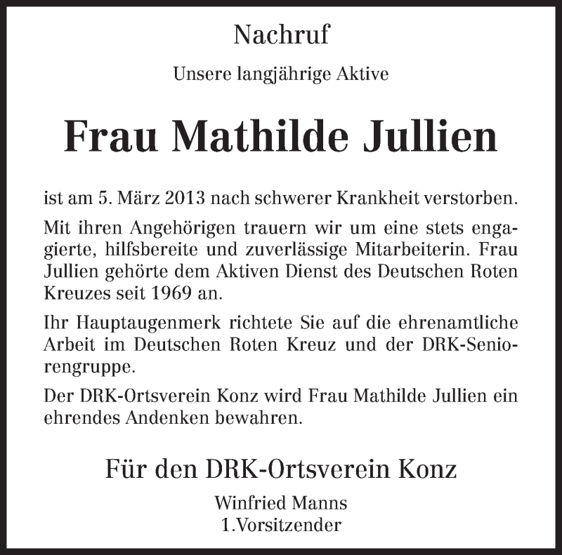  Traueranzeige für Mathilde Jullien vom 13.03.2013 aus TRIERISCHER VOLKSFREUND