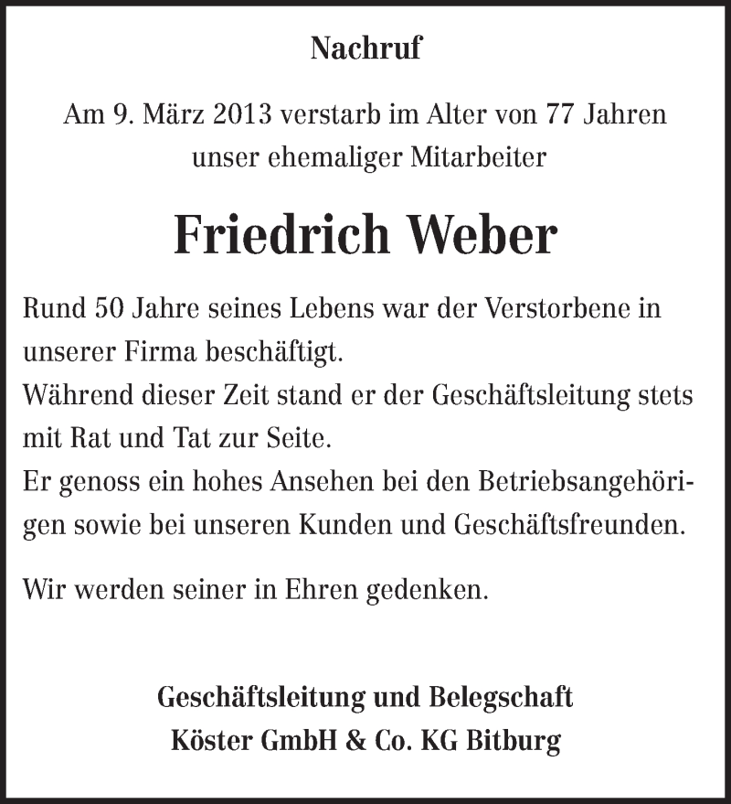  Traueranzeige für Friedrich Weber vom 14.03.2013 aus TRIERISCHER VOLKSFREUND