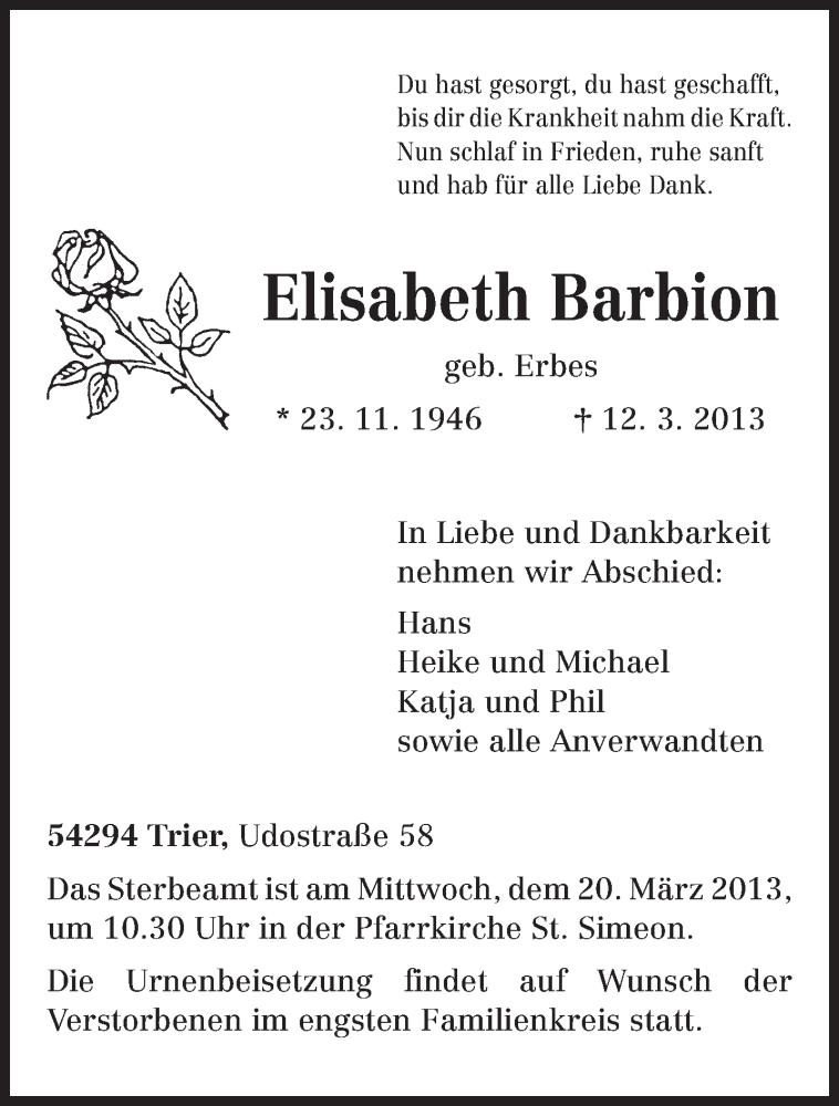  Traueranzeige für Elisabeth Barbion vom 15.03.2013 aus TRIERISCHER VOLKSFREUND