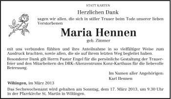 Traueranzeige von Maria Hennen von TRIERISCHER VOLKSFREUND