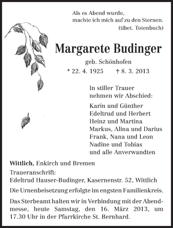 Traueranzeige von Margarete Budinger von TRIERISCHER VOLKSFREUND