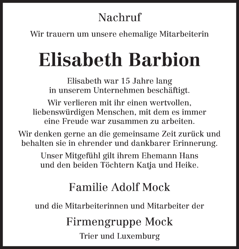  Traueranzeige für Elisabeth Barbion vom 15.03.2013 aus TRIERISCHER VOLKSFREUND