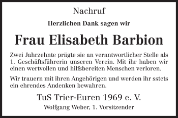 Traueranzeige von Elisabeth Barbion von TRIERISCHER VOLKSFREUND