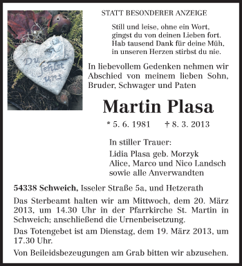 Traueranzeige von Martin Plasa von TRIERISCHER VOLKSFREUND
