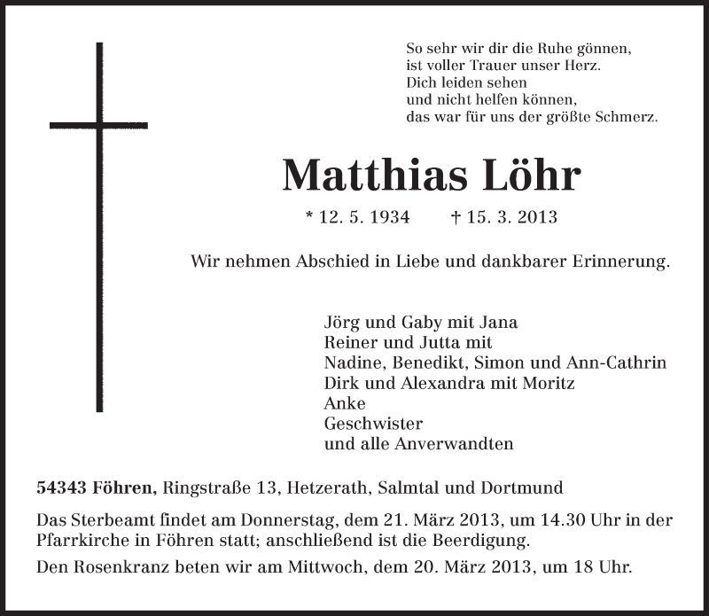  Traueranzeige für Matthias Löhr vom 18.03.2013 aus TRIERISCHER VOLKSFREUND