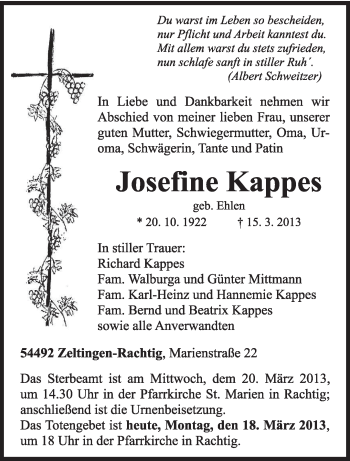 Traueranzeige von Josefine Kappes von TRIERISCHER VOLKSFREUND