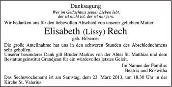 Traueranzeige von Elisabeth Rech von TRIERISCHER VOLKSFREUND