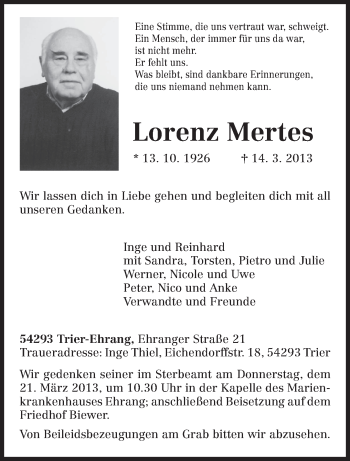 Traueranzeige von Lorenz Mertes von TRIERISCHER VOLKSFREUND