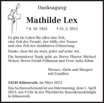 Traueranzeige von Mathilde Lex von TRIERISCHER VOLKSFREUND