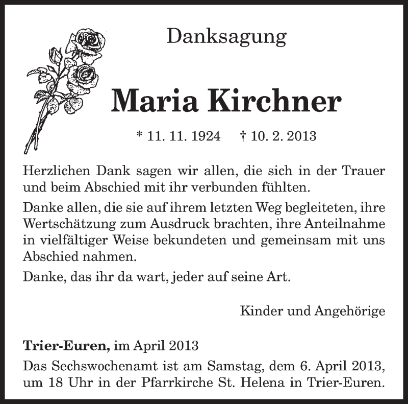  Traueranzeige für Maria Kirchner vom 03.04.2013 aus TRIERISCHER VOLKSFREUND