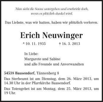 Traueranzeige von Erich Neuwinger von TRIERISCHER VOLKSFREUND