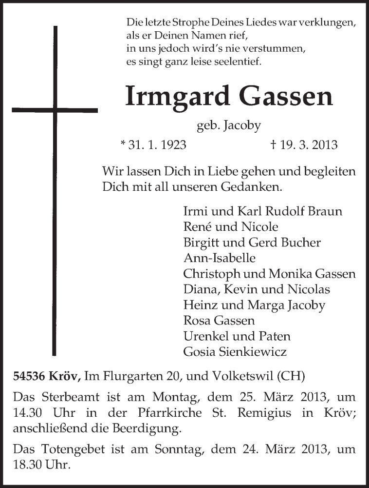  Traueranzeige für Irmgard Gassen vom 22.03.2013 aus TRIERISCHER VOLKSFREUND