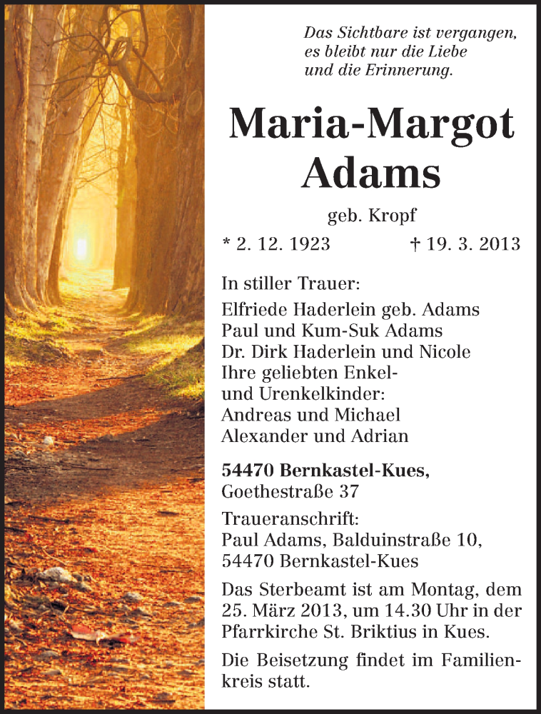  Traueranzeige für Maria-Margot Adams vom 22.03.2013 aus TRIERISCHER VOLKSFREUND