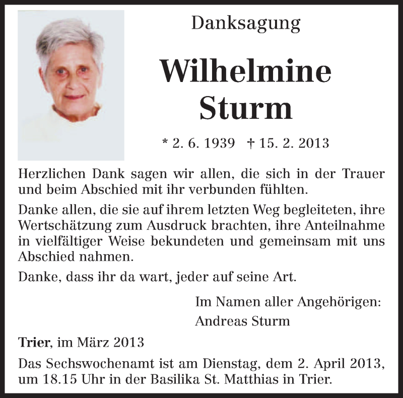  Traueranzeige für Wilhelmine Sturm vom 27.03.2013 aus TRIERISCHER VOLKSFREUND