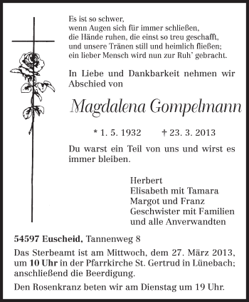 Traueranzeige von Magdalena Gompelmann von TRIERISCHER VOLKSFREUND