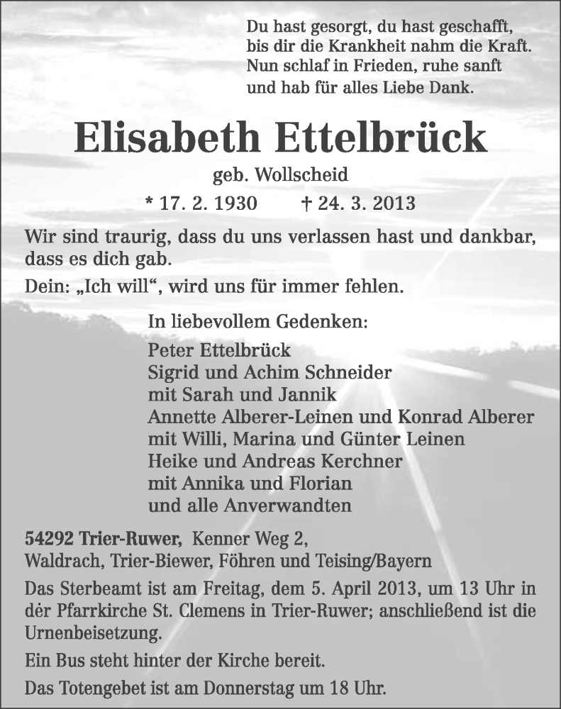  Traueranzeige für Elisabeth Ettelbrück vom 30.03.2013 aus TRIERISCHER VOLKSFREUND