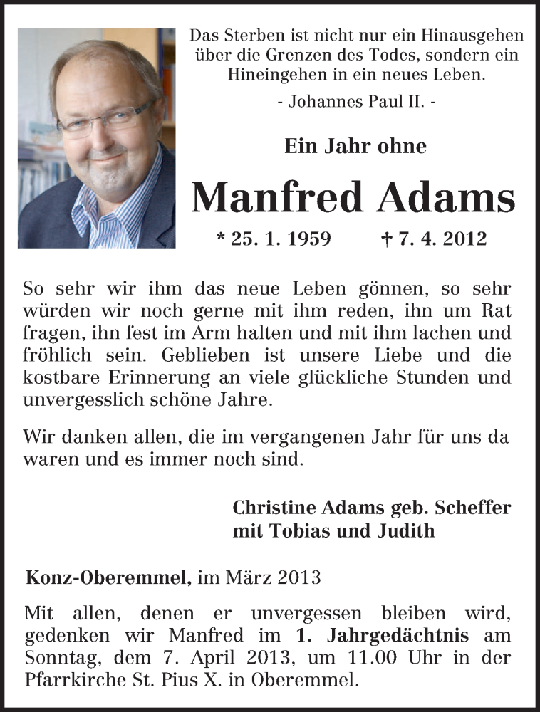  Traueranzeige für Manfred Adams vom 28.03.2013 aus TRIERISCHER VOLKSFREUND