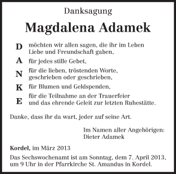 Traueranzeige von Magdalena Adamek von TRIERISCHER VOLKSFREUND