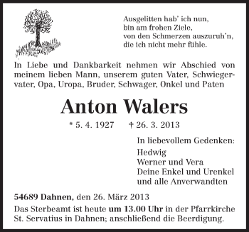 Traueranzeige von Anton Walers von TRIERISCHER VOLKSFREUND