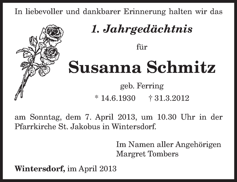  Traueranzeige für Susanna Schmitz vom 03.04.2013 aus TRIERISCHER VOLKSFREUND